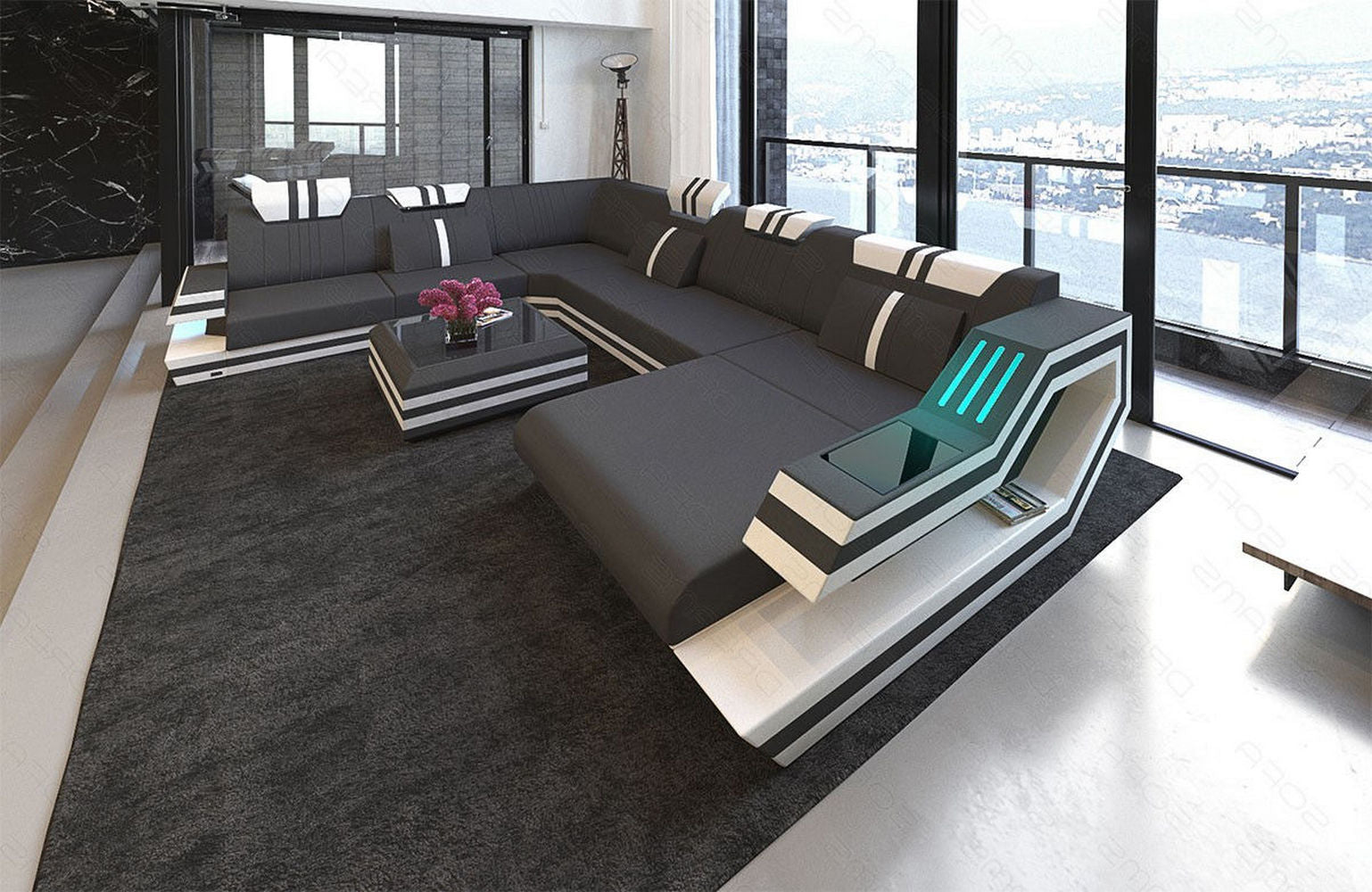 Leder-Stoff-Mix Wohnlandschaft Ravenna XL LED