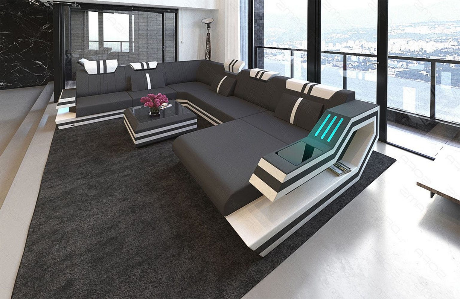 Leder-Stoff-Mix Wohnlandschaft Ravenna XL LED Dunkelgrau-Weiß