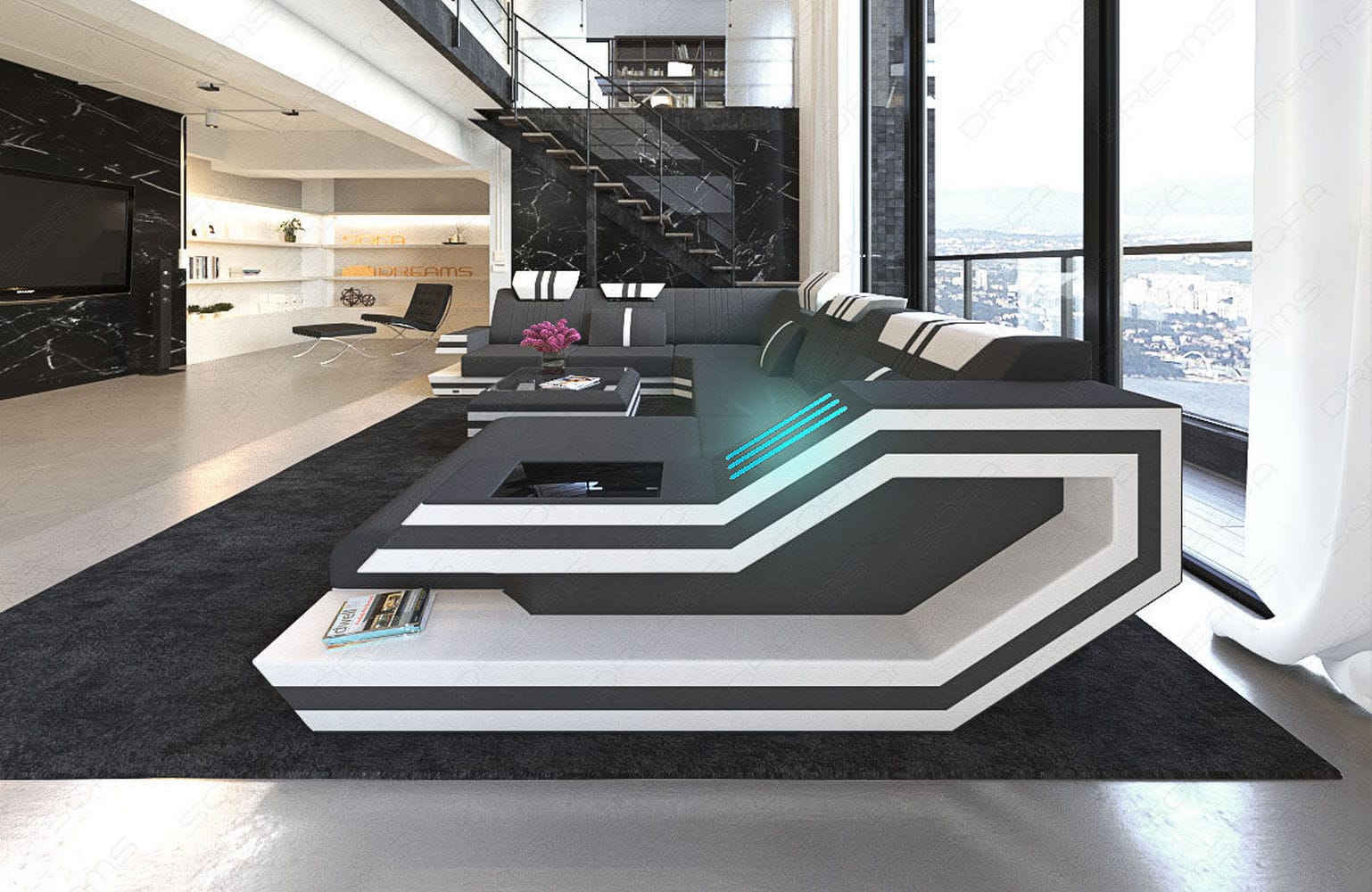 Leder-Stoff-Mix Wohnlandschaft Ravenna XL LED Dunkelgrau-Weiß