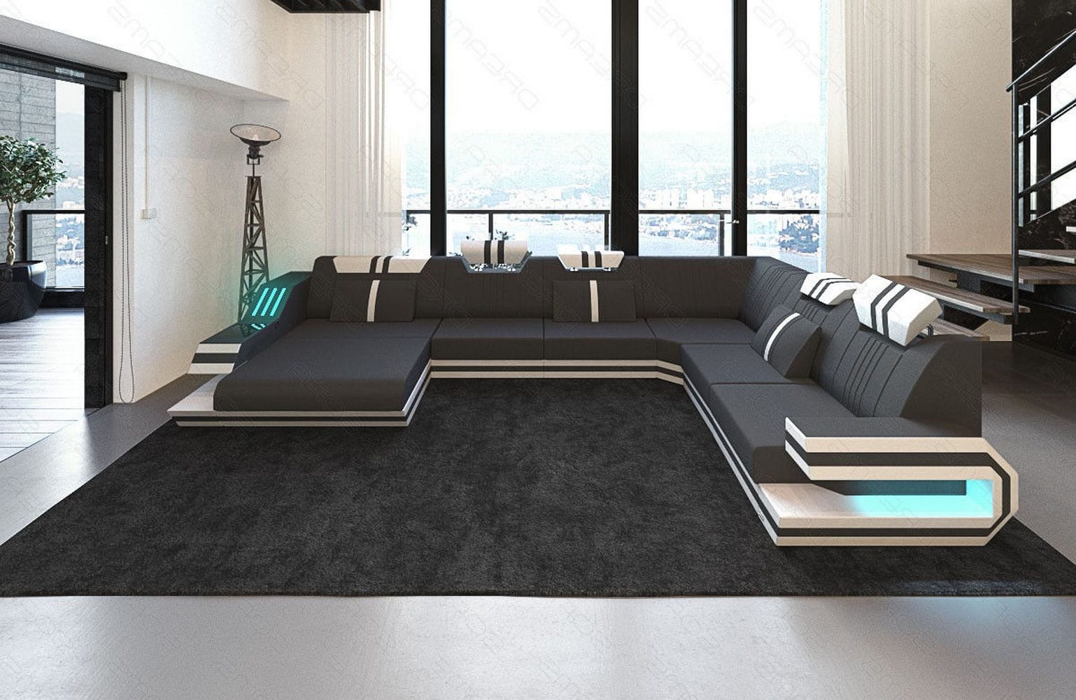 Leder-Stoff-Mix Wohnlandschaft Ravenna XL LED Dunkelgrau-Weiß