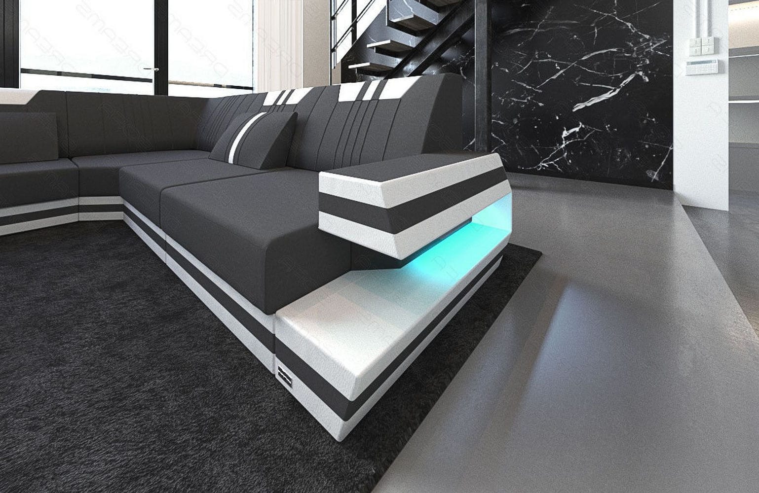 Leder-Stoff-Mix Wohnlandschaft Ravenna XL LED Dunkelgrau-Weiß