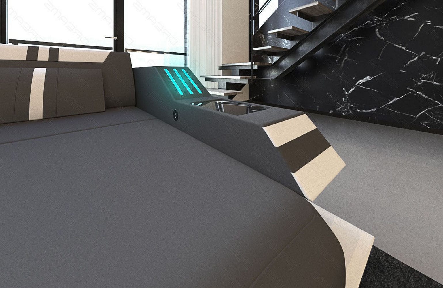 Leder-Stoff-Mix Wohnlandschaft Ravenna XL LED Dunkelgrau-Weiß