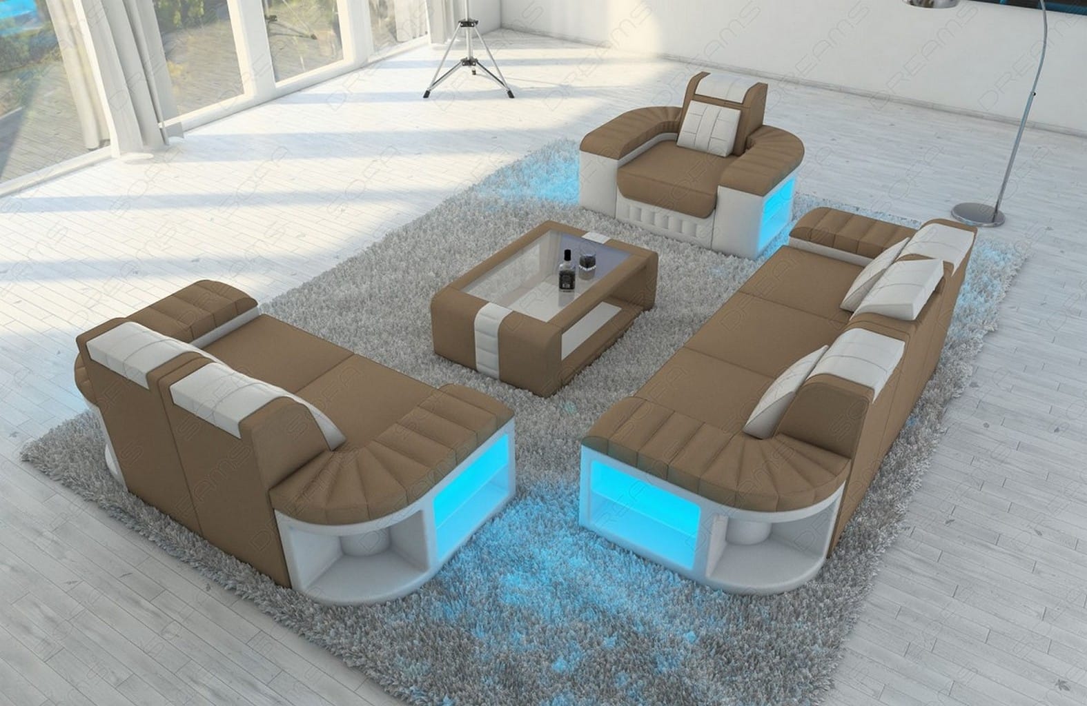 Stoffsofa Garnitur 3er, 2er, 1er Bellagio Taupe-Weiß