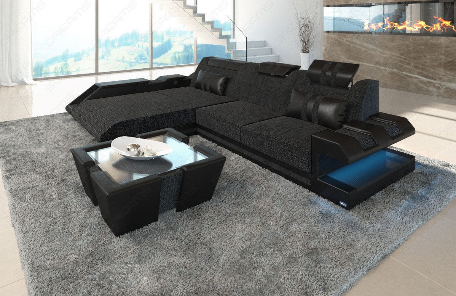 Stoff Ecksofa Apollonia L-Form Schwarzgrau-Schwarz