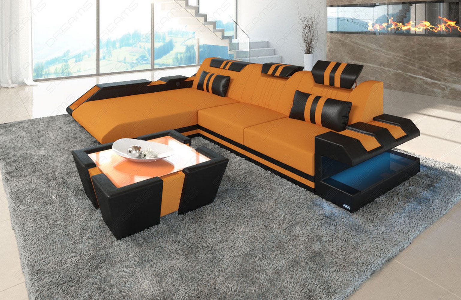 Stoff Ecksofa Apollonia L-Form Apricot-Schwarz