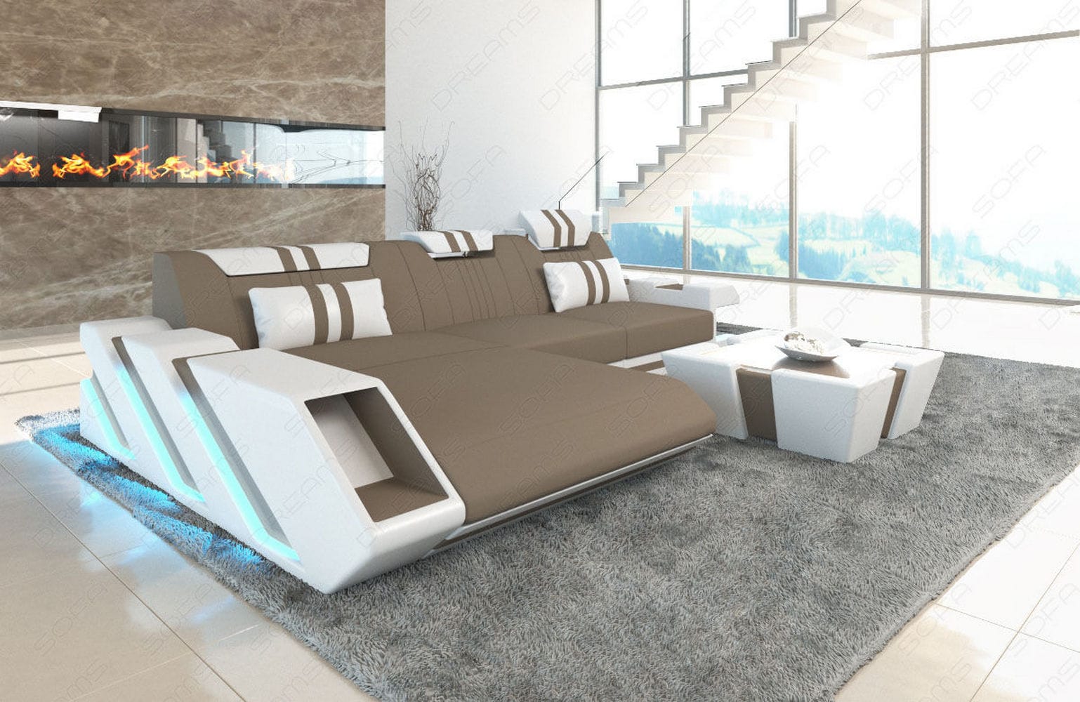Stoff Ecksofa Apollonia L Form taupe-weiß