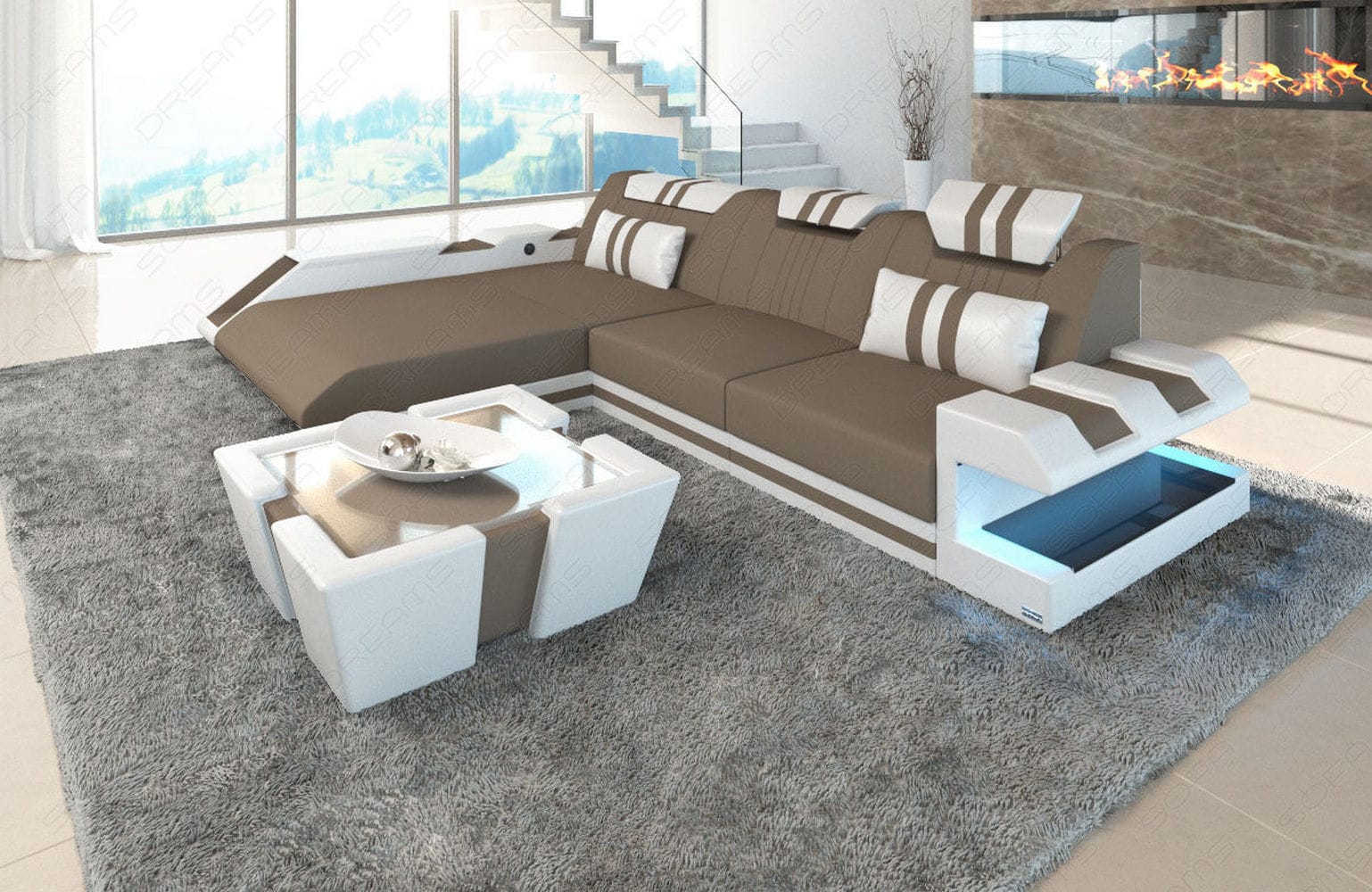 Stoff Ecksofa Apollonia L Form taupe-weiß