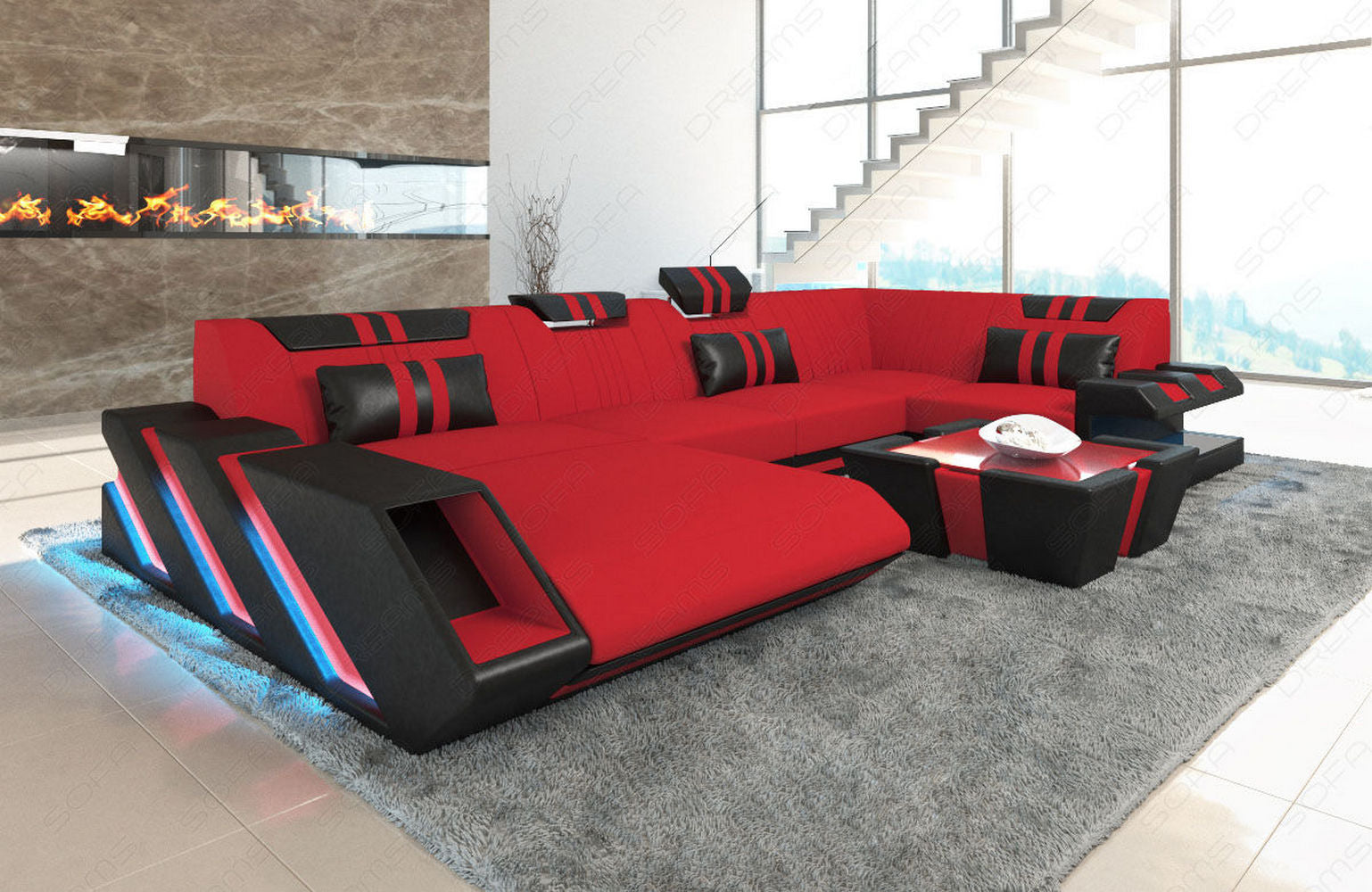 Polster Wohnlandschaft Apollonia U-Form Rot-Schwarz