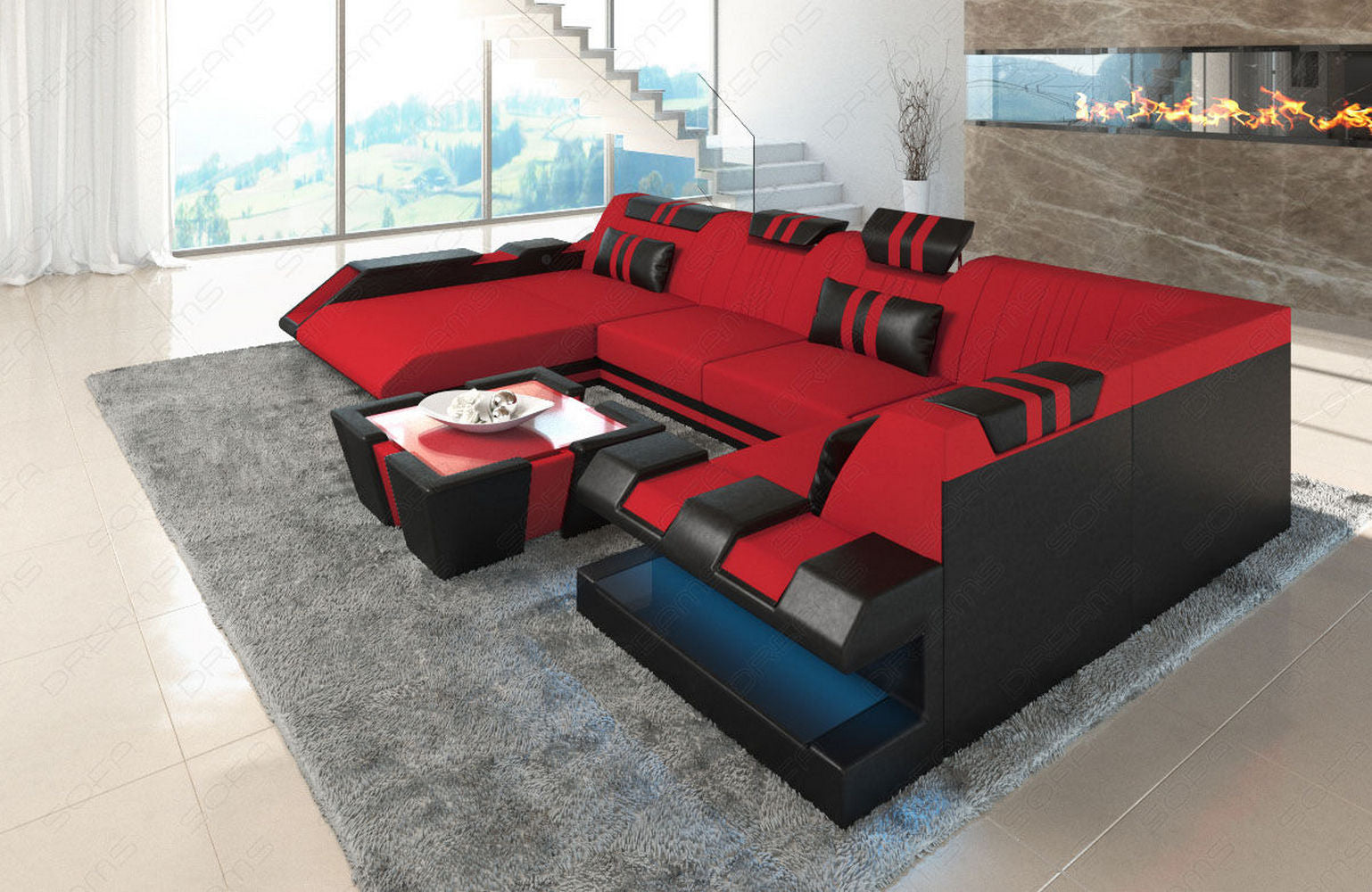 Polster Wohnlandschaft Apollonia U-Form Rot-Schwarz