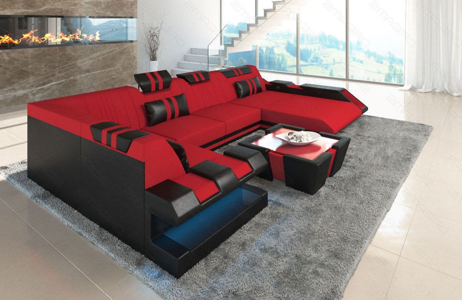 Couchlandschaft Apollonia U Form in Stoff rot-schwarz