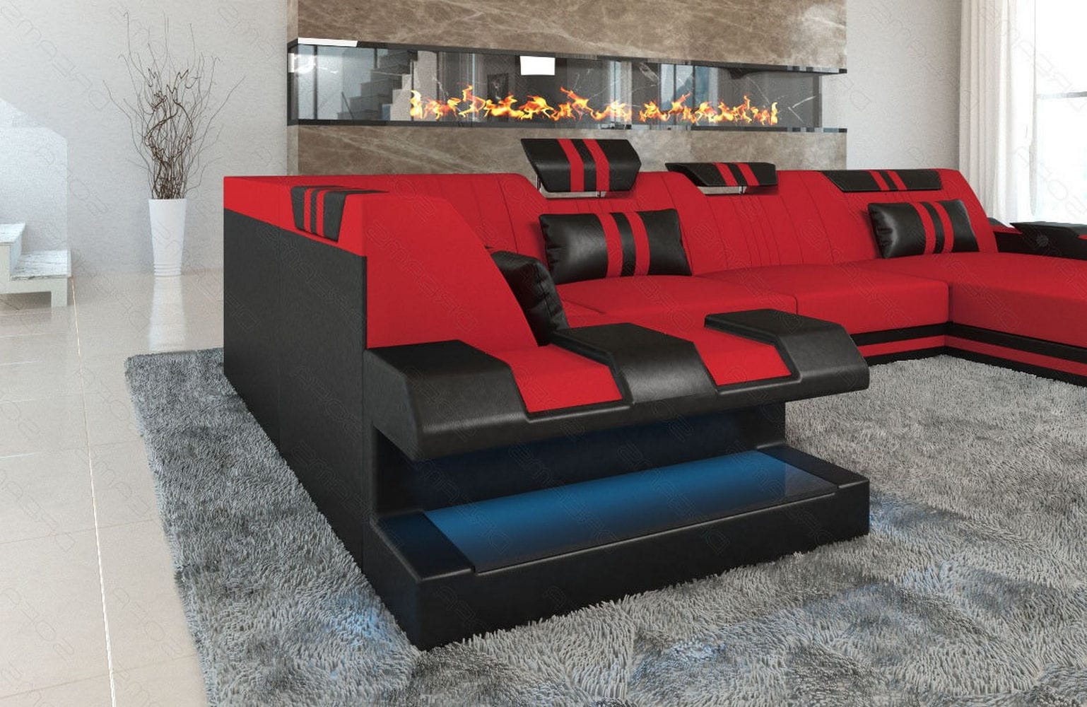 Couchlandschaft Apollonia U Form in Stoff rot-schwarz