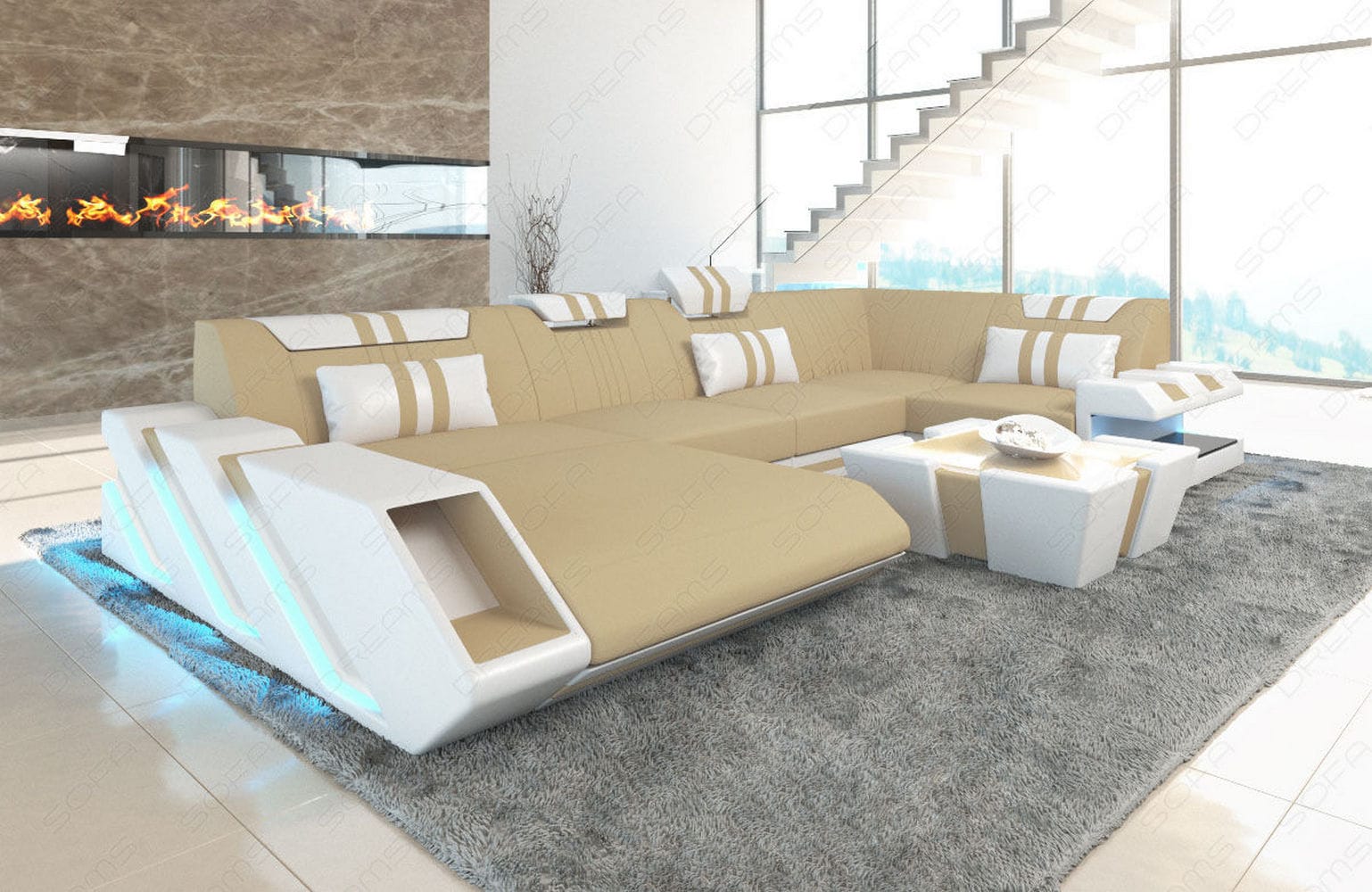 Couchlandschaft Apollonia U-Form in Stoff Beige-Weiß