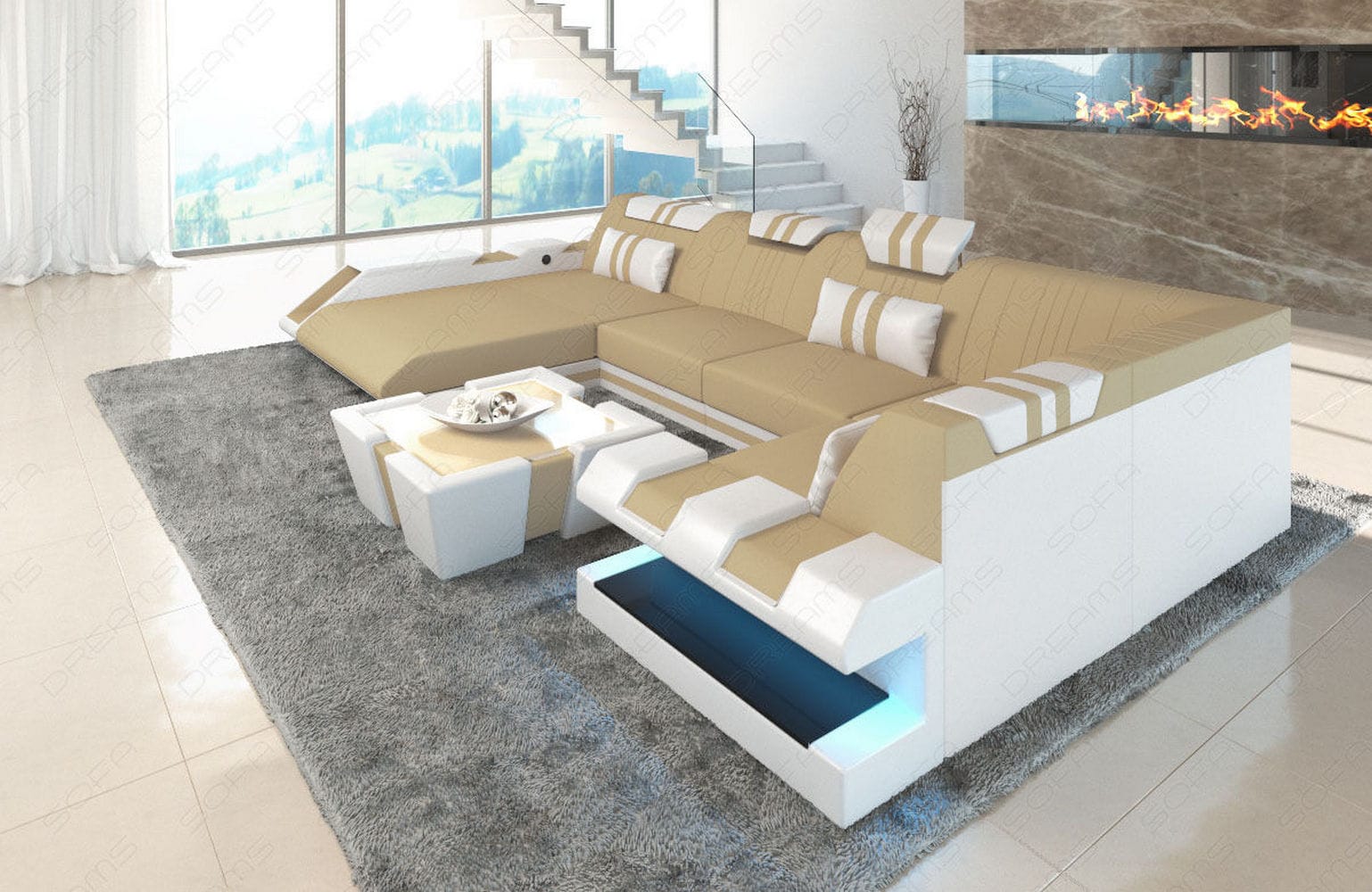 Couchlandschaft Apollonia U-Form in Stoff Beige-Weiß