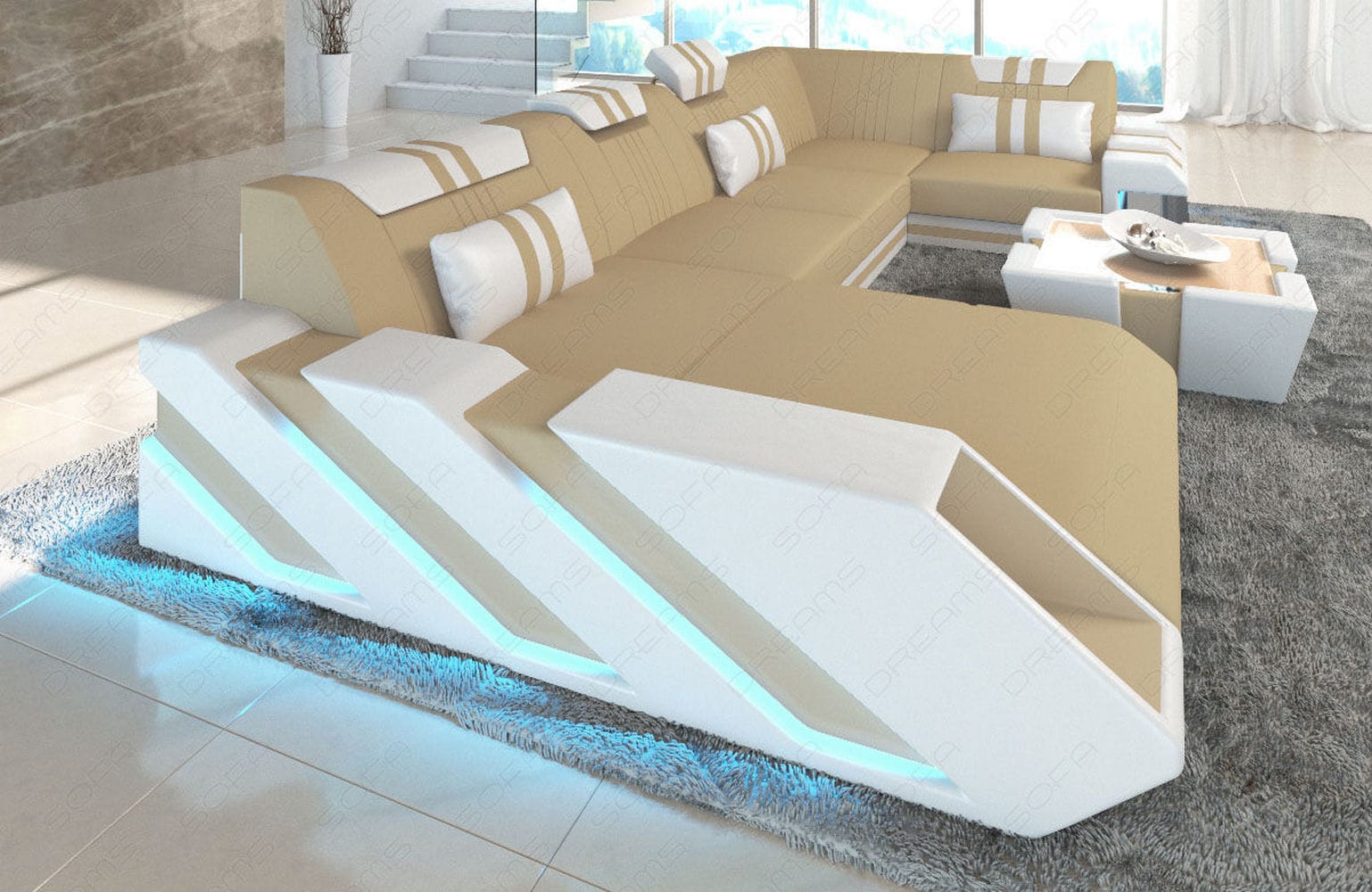 Couchlandschaft Apollonia U-Form in Stoff Beige-Weiß