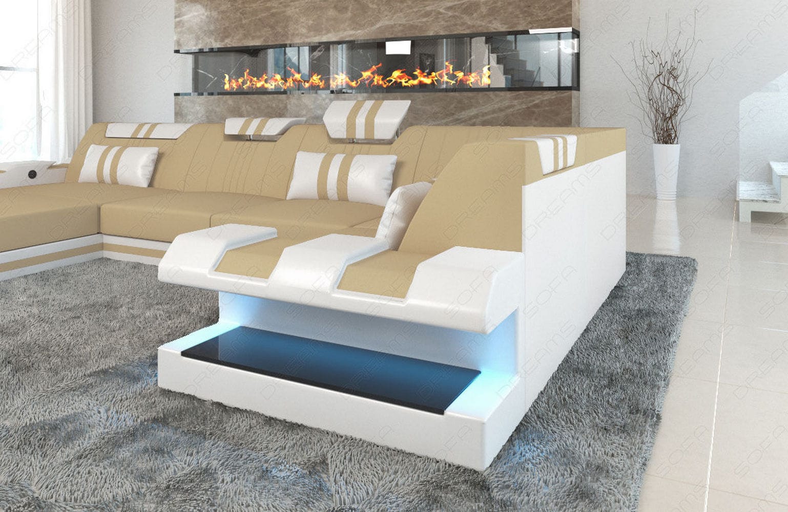 Couchlandschaft Apollonia U-Form in Stoff Beige-Weiß