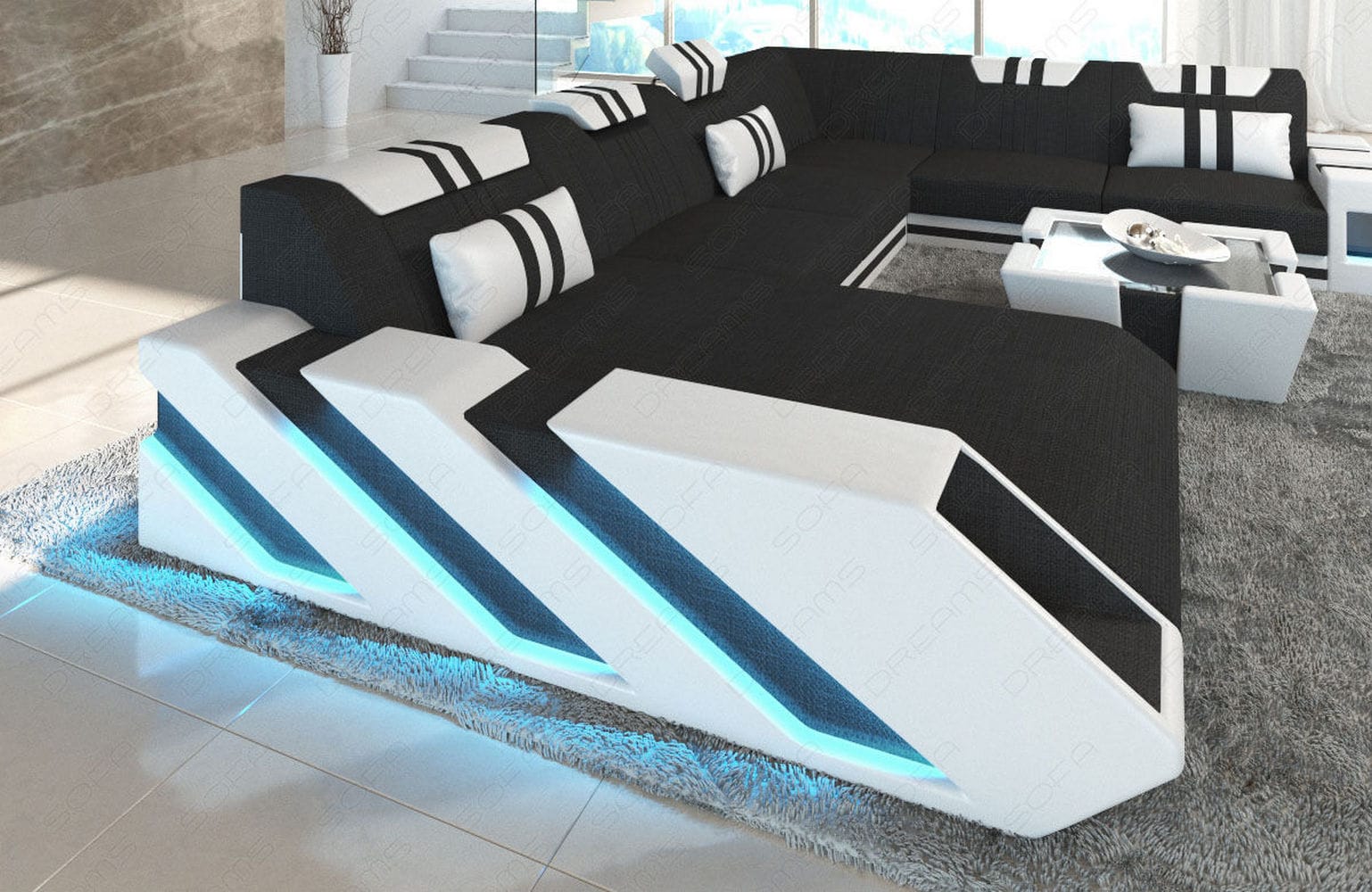 XXL Stoff Wohnlandschaft Apollonia U-Form Schwarz-Weiß
