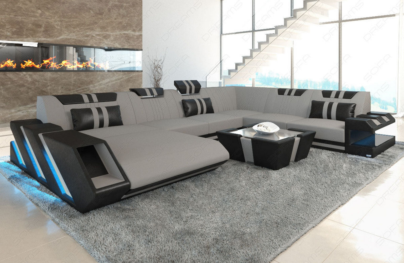 Leder-Stoff Mix Wohnlandschaft Apollonia XL