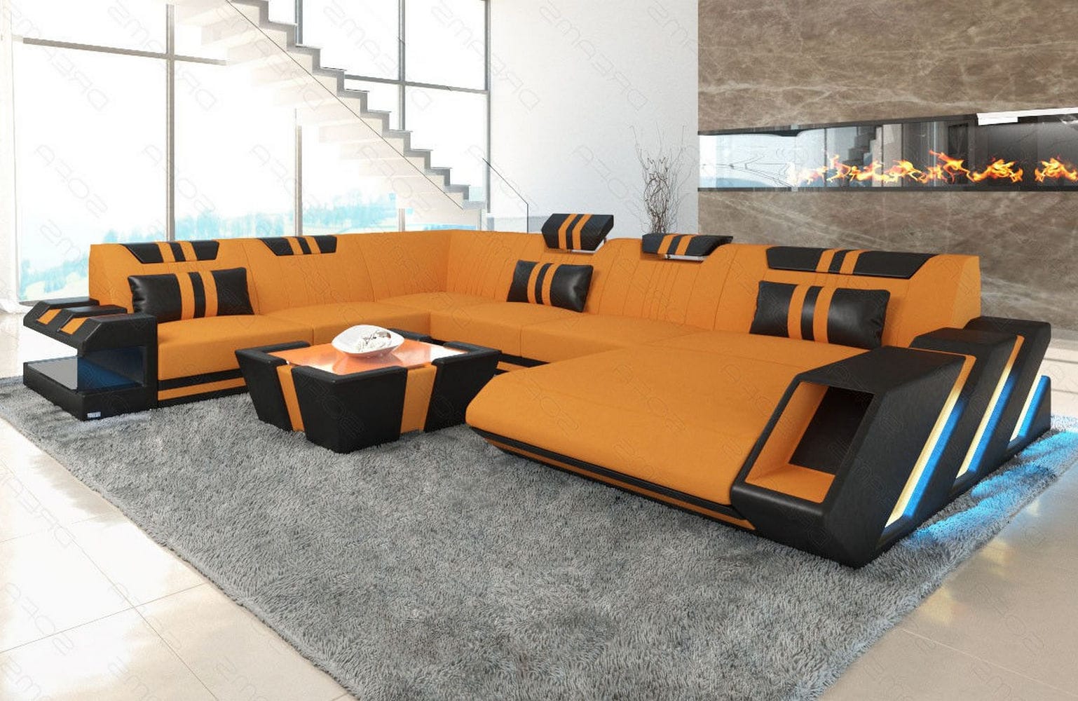 XXL Stoff Wohnlandschaft Apollonia U-Form Apricot-Schwarz