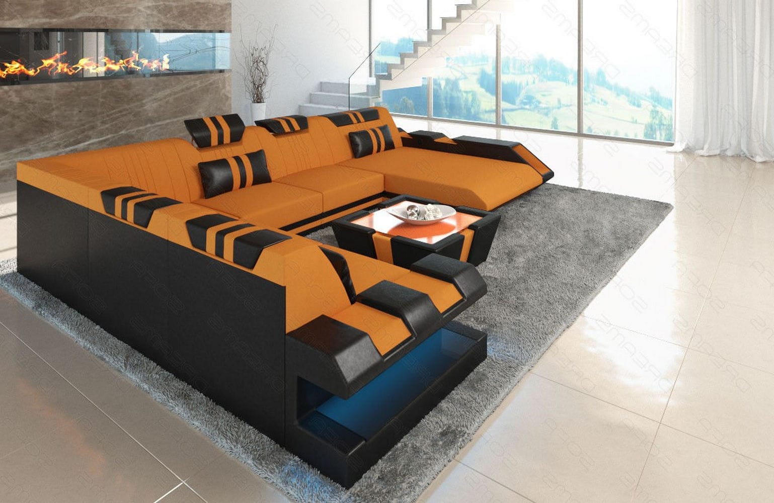 XXL Stoff Wohnlandschaft Apollonia U-Form Apricot-Schwarz