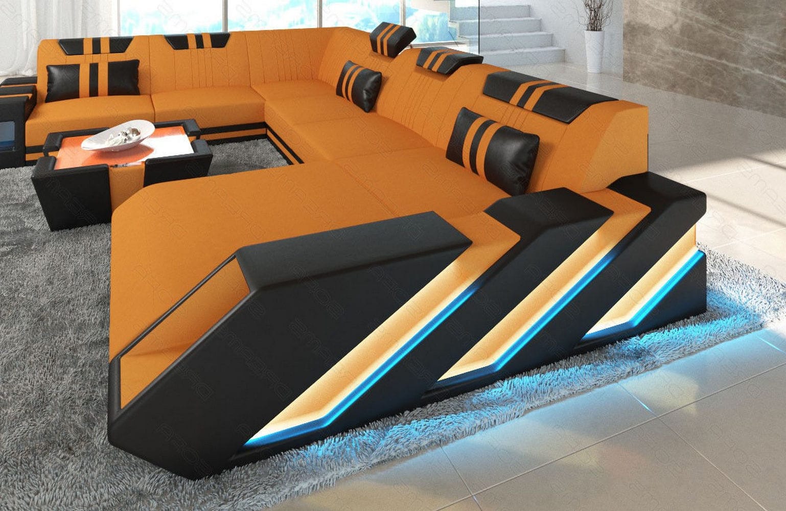 XXL Stoff Wohnlandschaft Apollonia U-Form Apricot-Schwarz