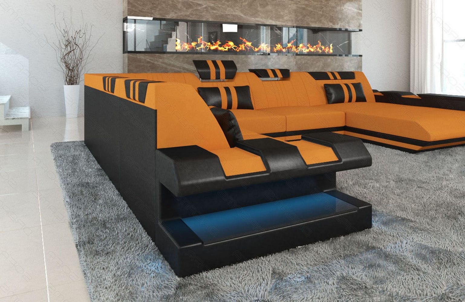 XXL Stoff Wohnlandschaft Apollonia U-Form Apricot-Schwarz