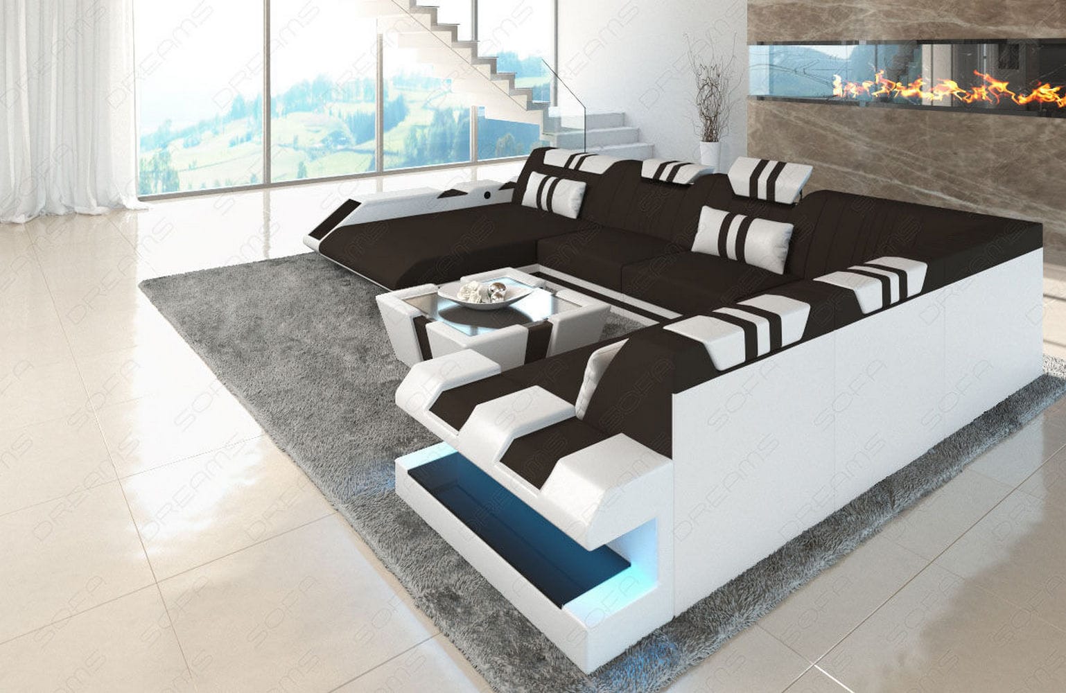XXL Stoff Wohnlandschaft Apollonia U-Form mokka-weiß