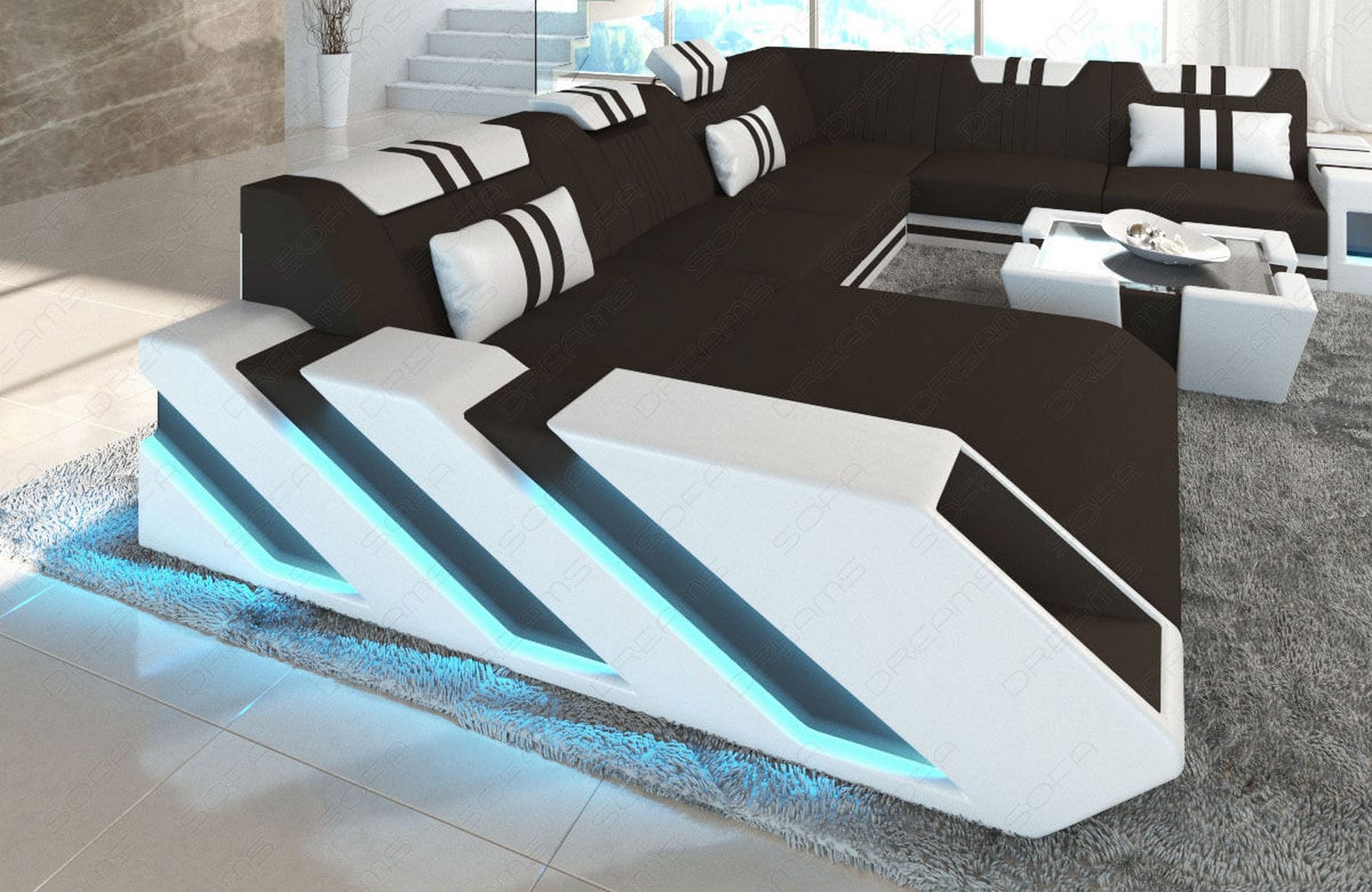 XXL Stoff Wohnlandschaft Apollonia U-Form mokka-weiß