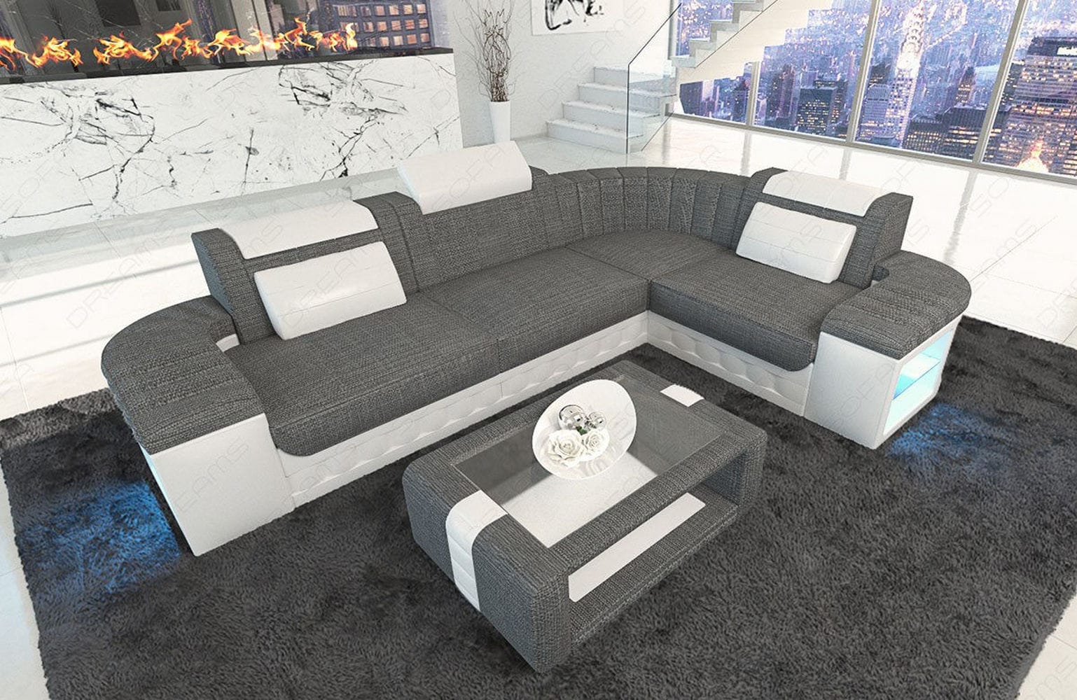 Stoff Ecksofa Bergamo L-Form grau-weiß