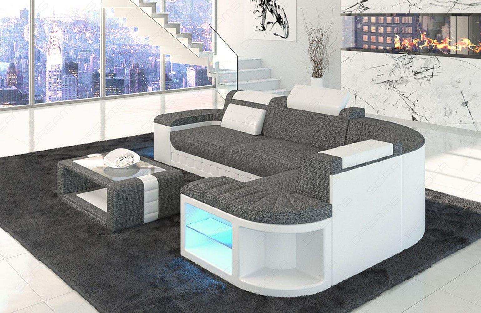 Stoff Ecksofa Bergamo L-Form grau-weiß