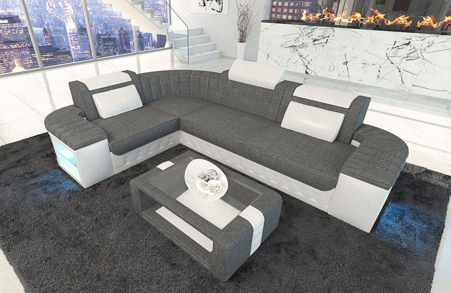 Stoff Ecksofa Bergamo L-Form Grau-Weiß