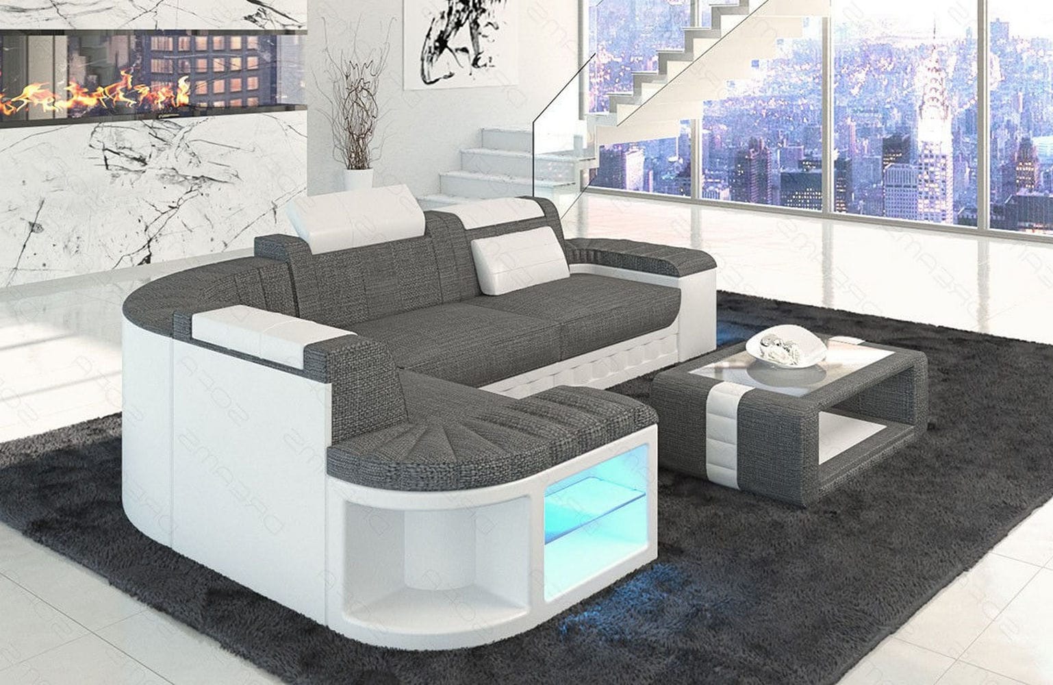 Stoff Ecksofa Bergamo L-Form Grau-Weiß