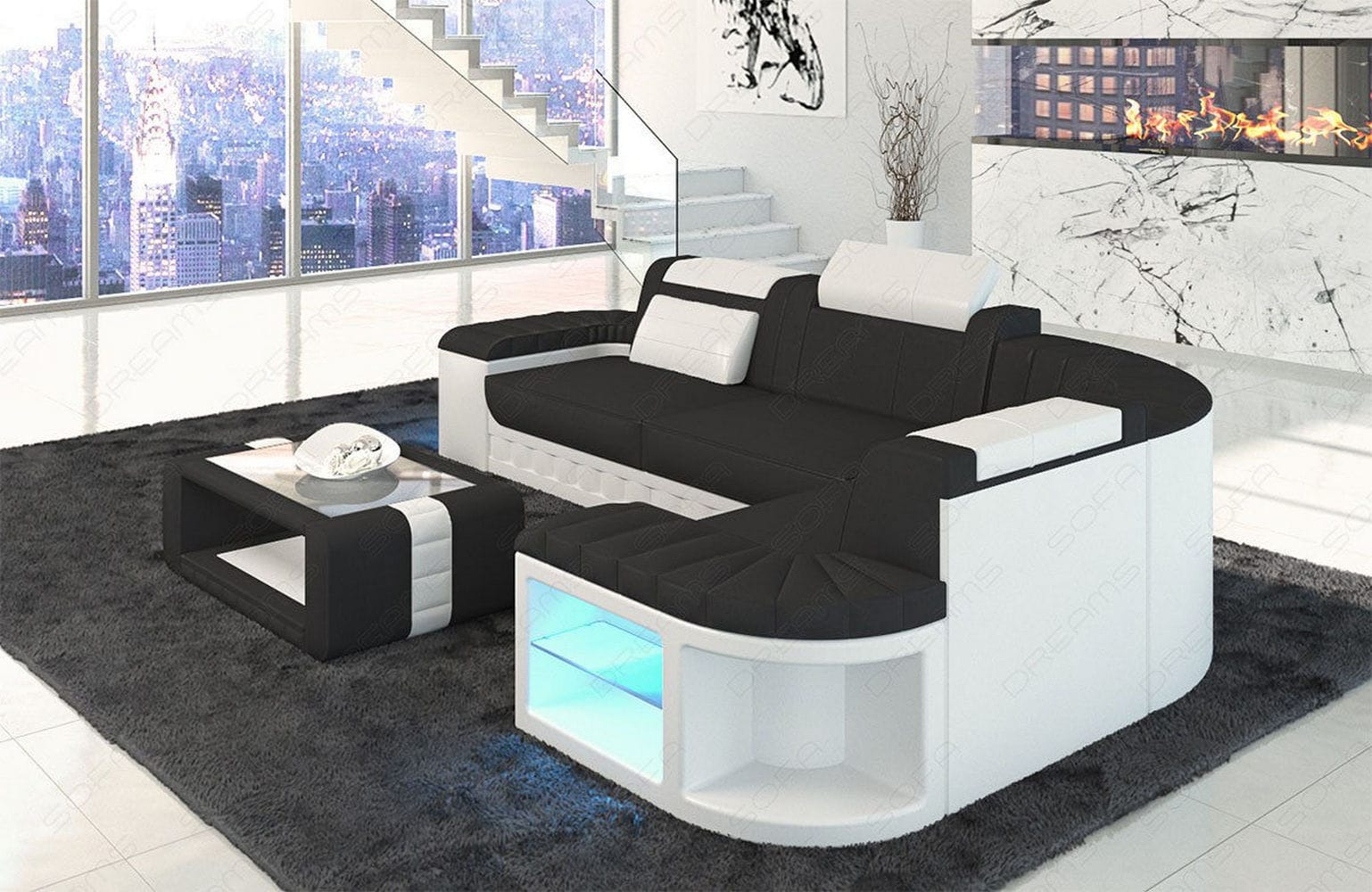 Stoff Ecksofa Bergamo L-Form Schwarz-Weiß