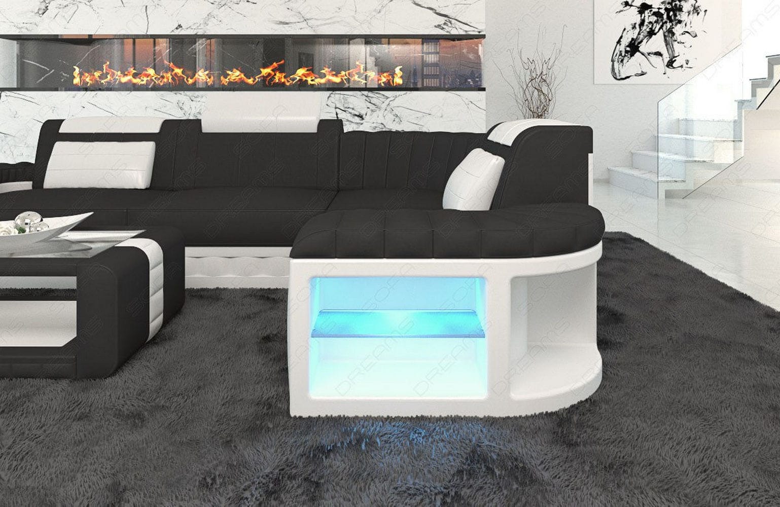 Stoff Ecksofa Bergamo L-Form Schwarz-Weiß