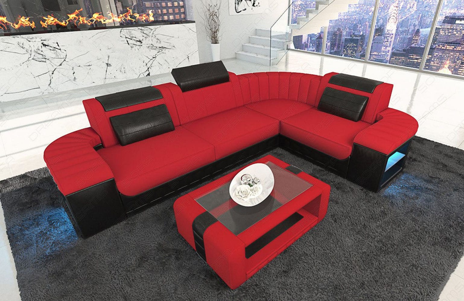 Stoff Ecksofa Bergamo L-Form Rot-Schwarz