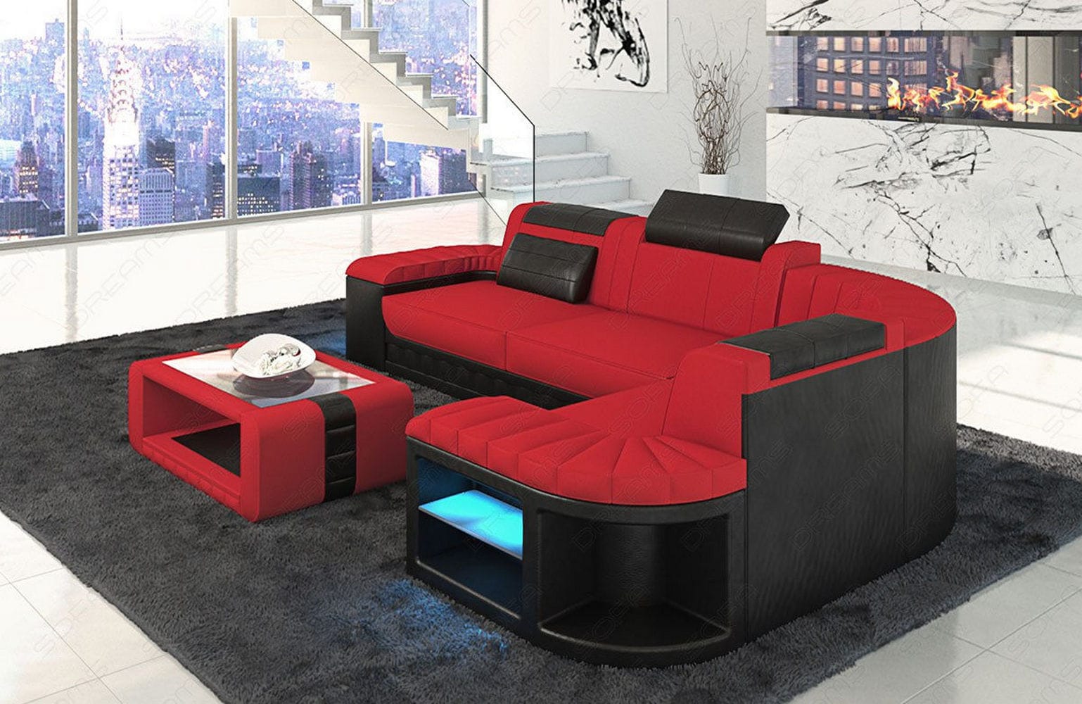 Stoff Ecksofa Bergamo L-Form Rot-Schwarz