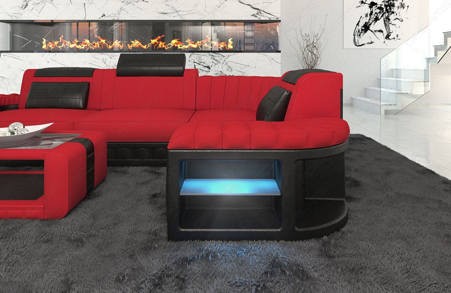 Stoff Ecksofa Bergamo L-Form Rot-Schwarz