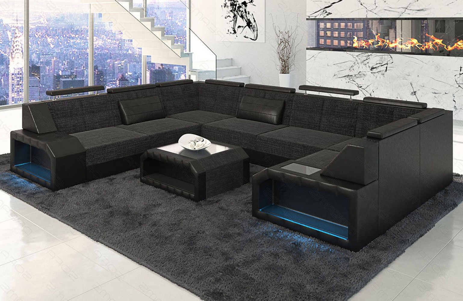 Stoff Ecksofa Pesaro mit LED Beleuchtung Schwarzgrau-Schwarz