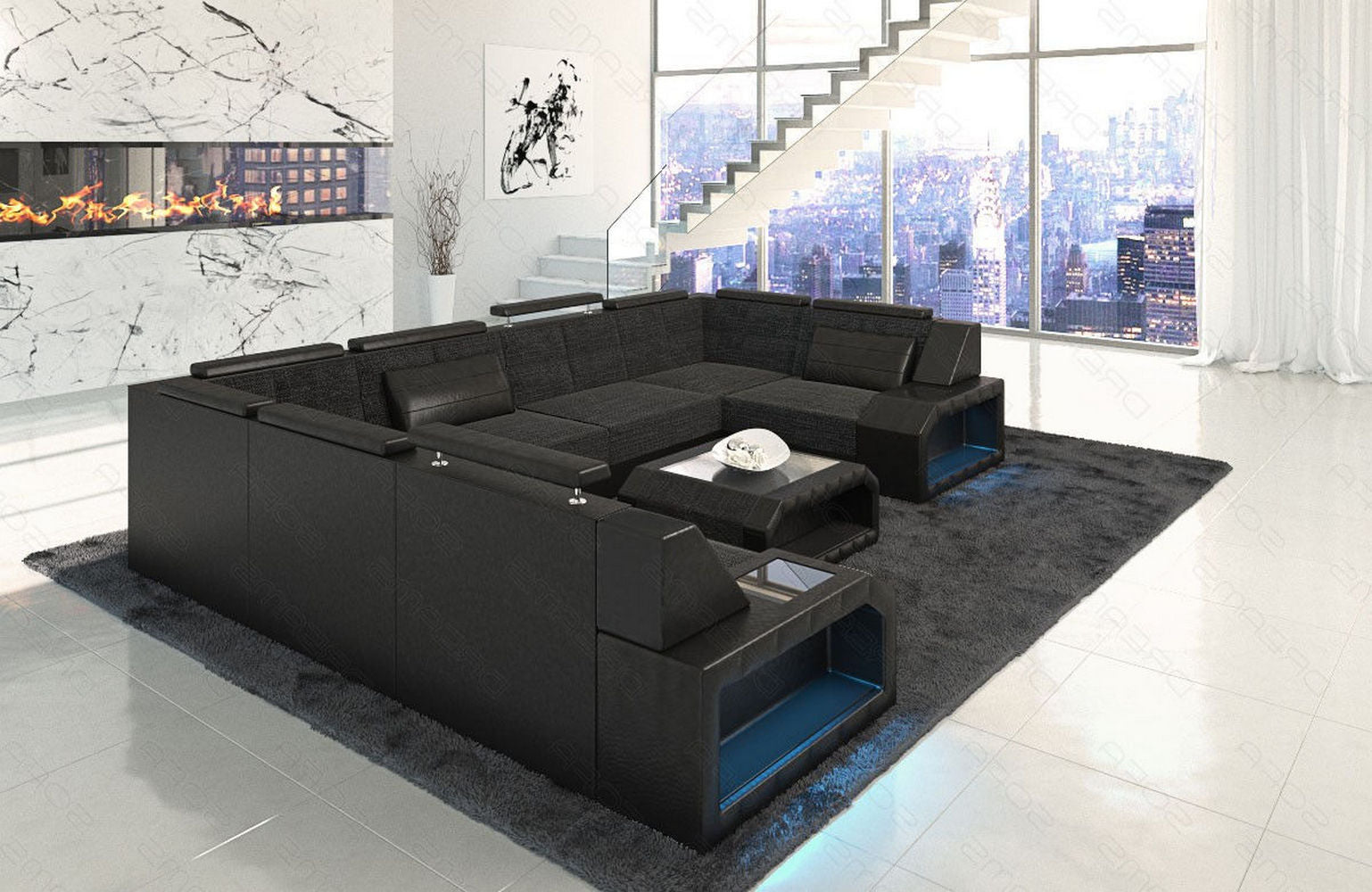Stoff Ecksofa Pesaro mit LED Beleuchtung Schwarzgrau-Schwarz