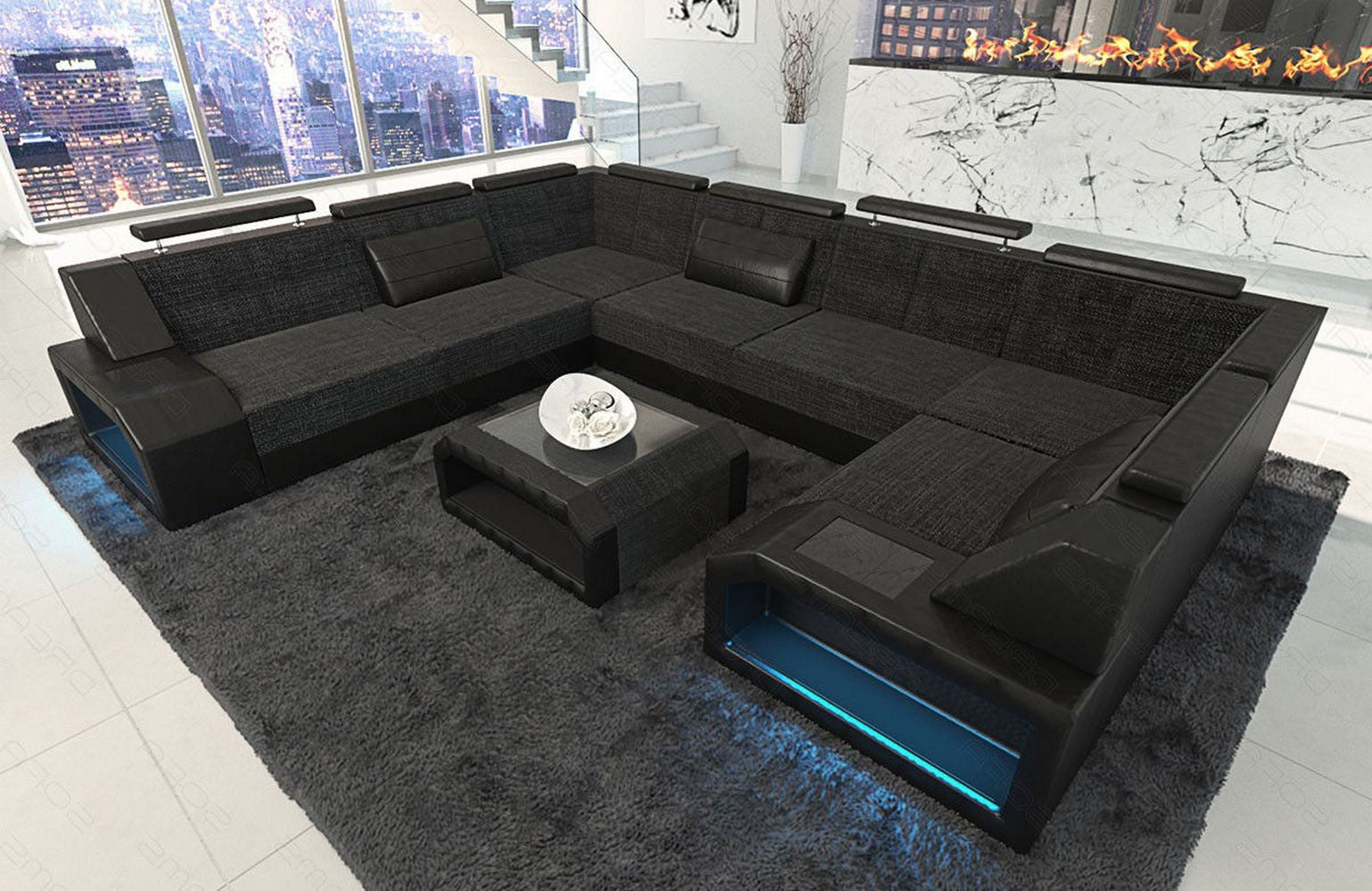Stoff Ecksofa Pesaro mit LED Beleuchtung Schwarzgrau-Schwarz