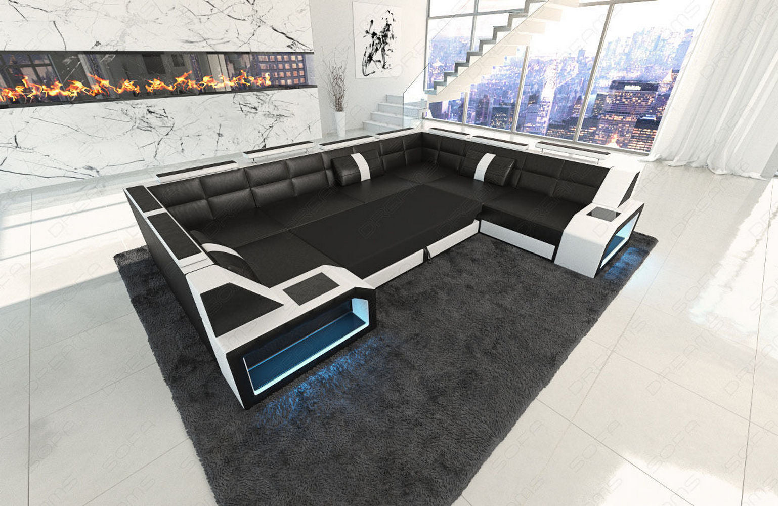 Stoff Ecksofa Pesaro mit LED Beleuchtung Schwarzgrau-Schwarz