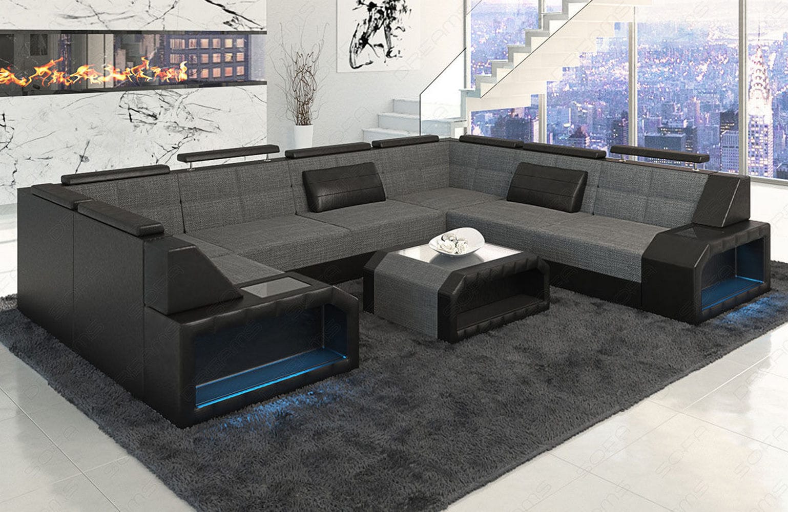 Wohnlandschaft Pesaro U-Form aus Stoff grau-schwarz