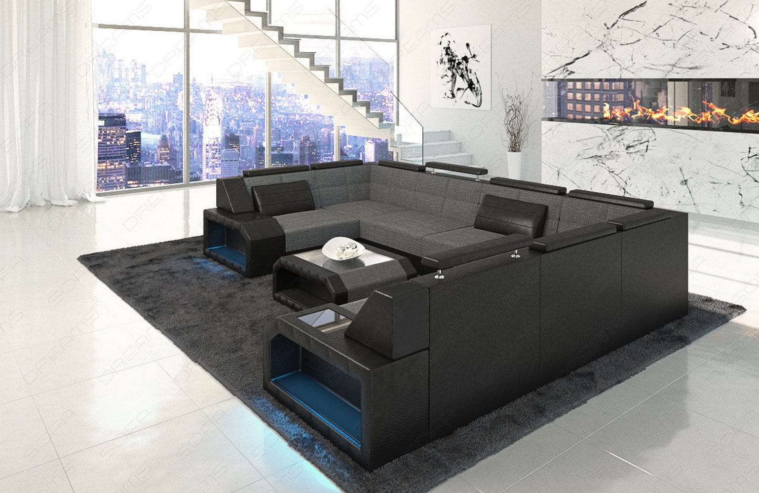 Wohnlandschaft Pesaro U-Form aus Stoff grau-schwarz