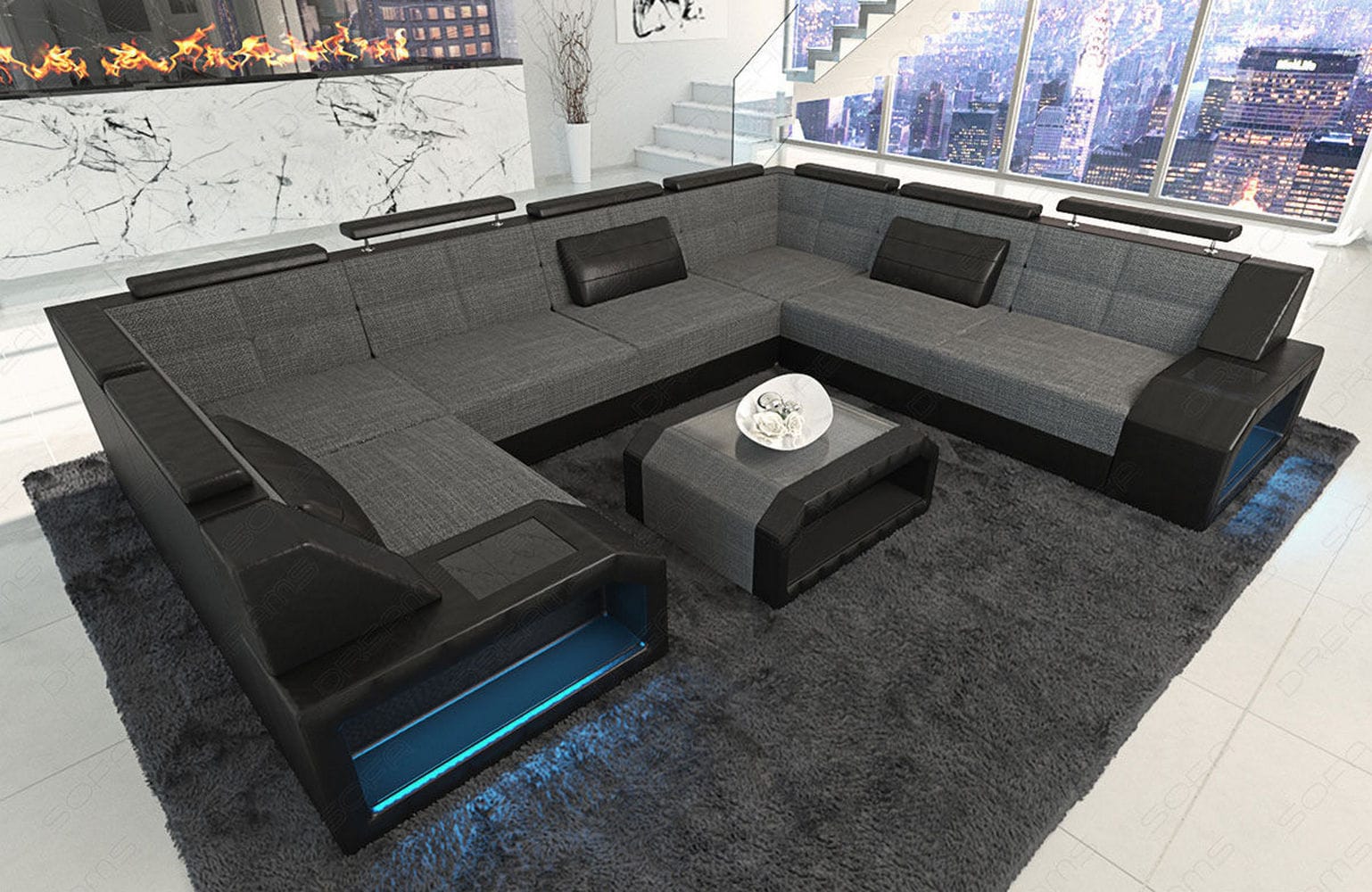 Wohnlandschaft Pesaro U-Form aus Stoff grau-schwarz