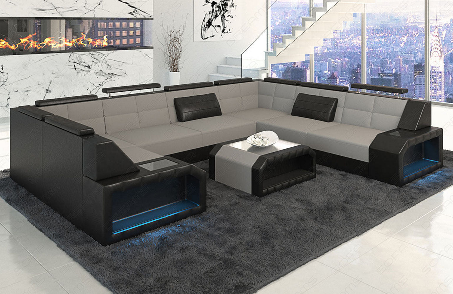 Stoff Ecksofa Pesaro mit LED Beleuchtung