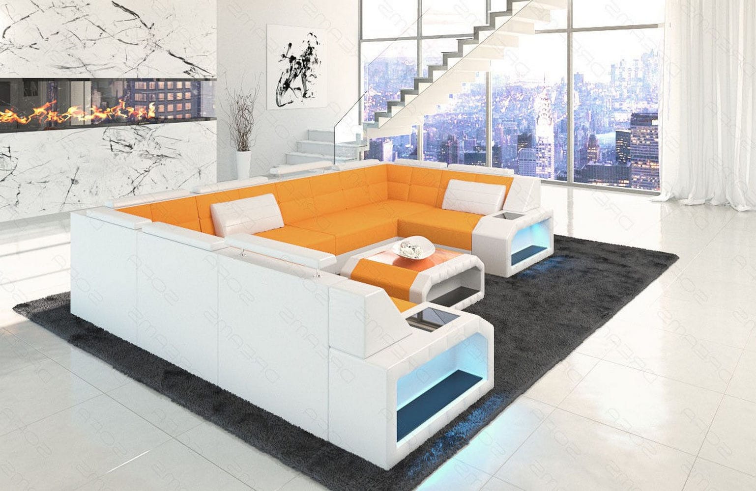 Wohnlandschaft Pesaro U-Form aus Stoff Apricot-Weiß
