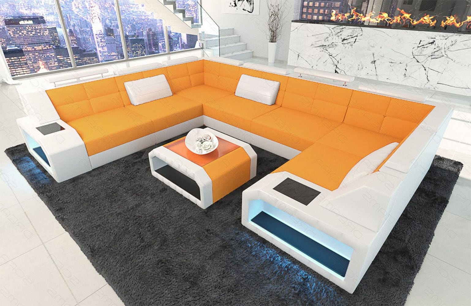 Wohnlandschaft Pesaro U-Form aus Stoff Apricot-Weiß