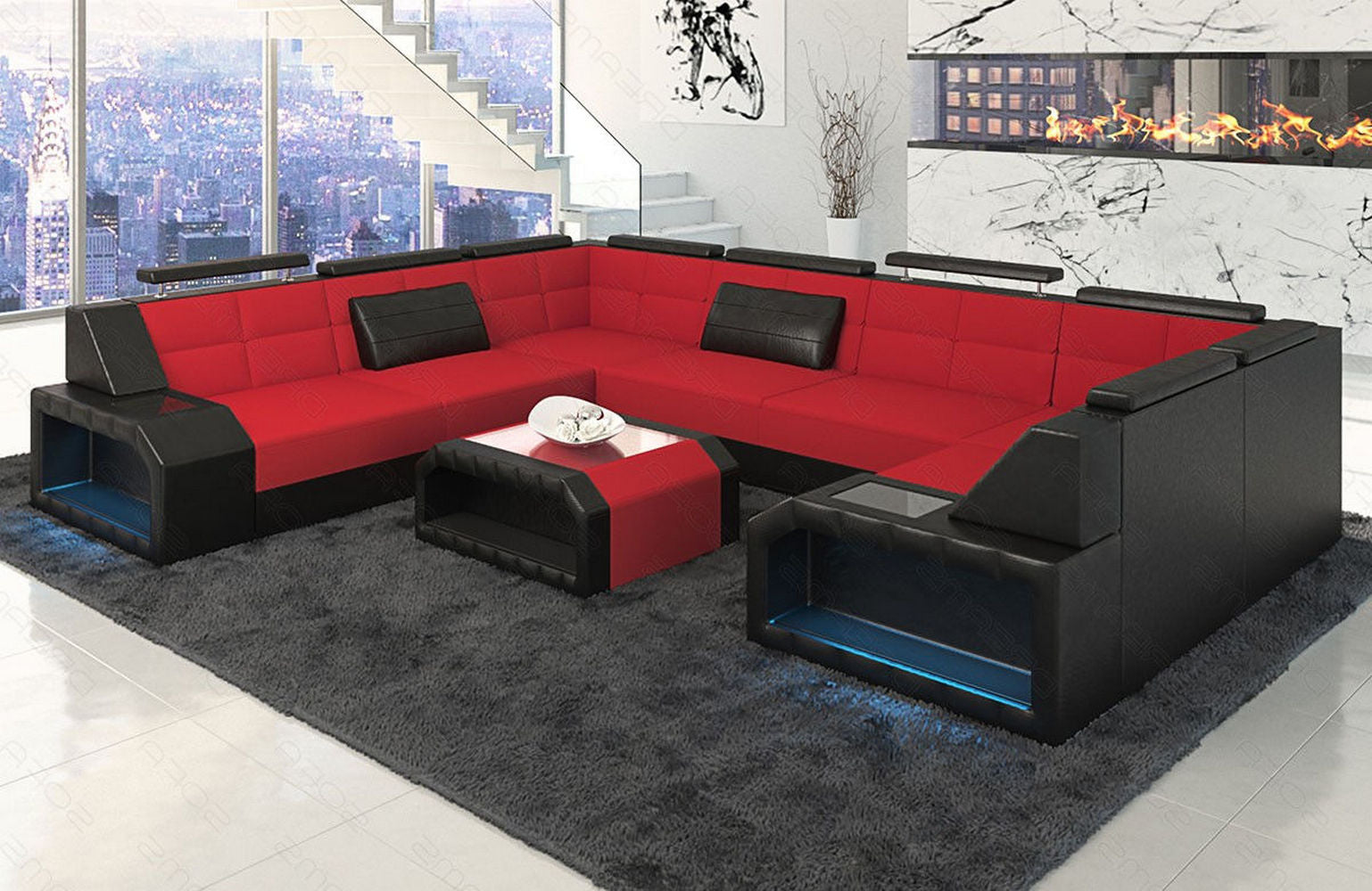 Stoff Ecksofa Pesaro mit LED Beleuchtung