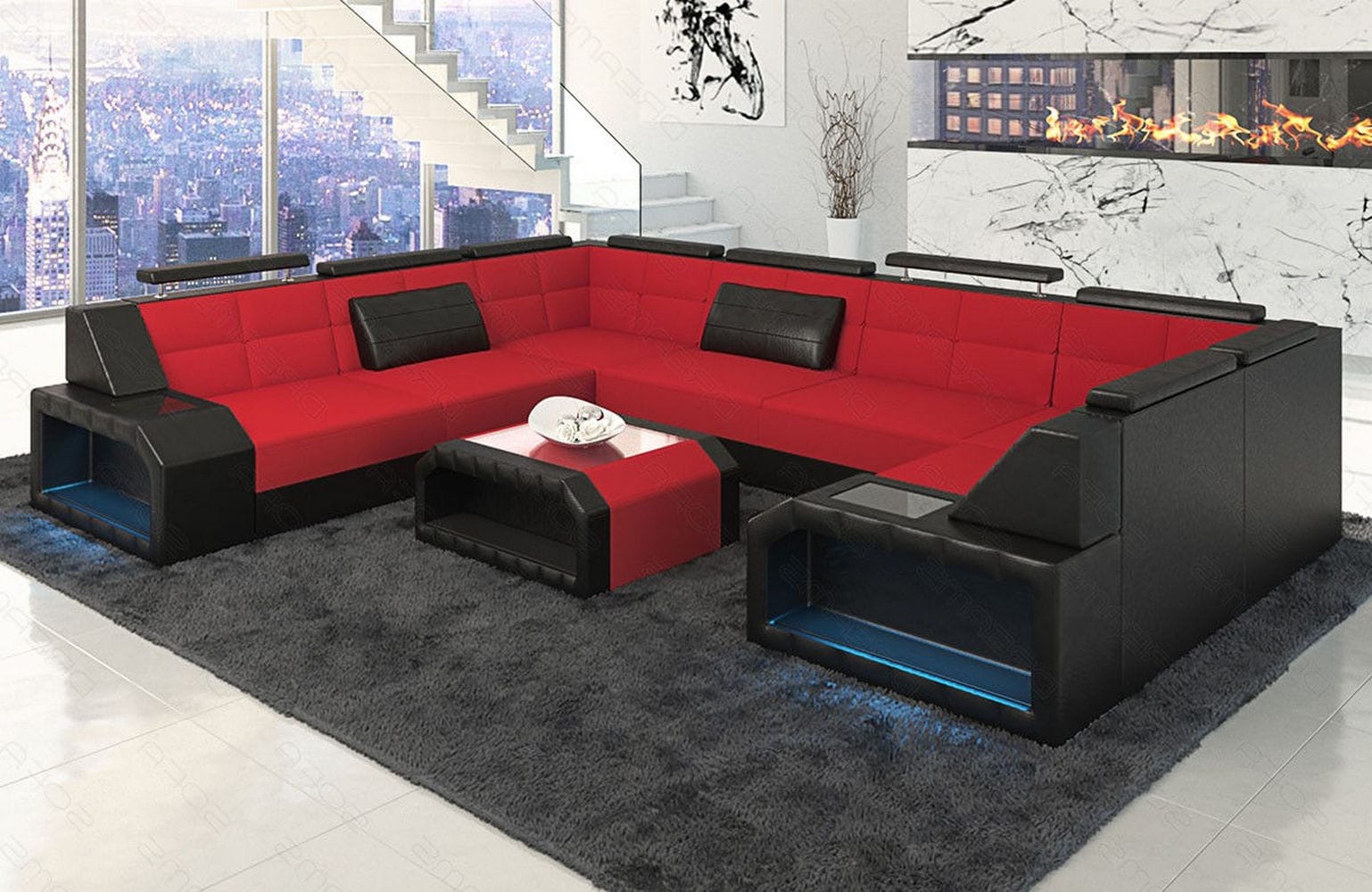 Wohnlandschaft Pesaro U-Form aus Stoff Rot-Schwarz