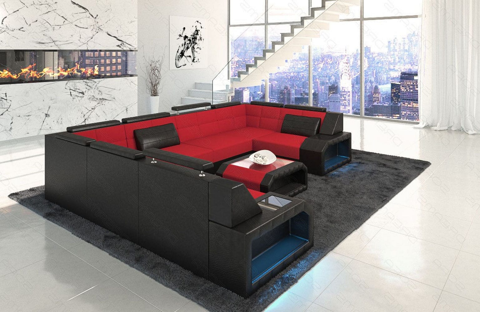 Wohnlandschaft Pesaro U-Form aus Stoff Rot-Schwarz