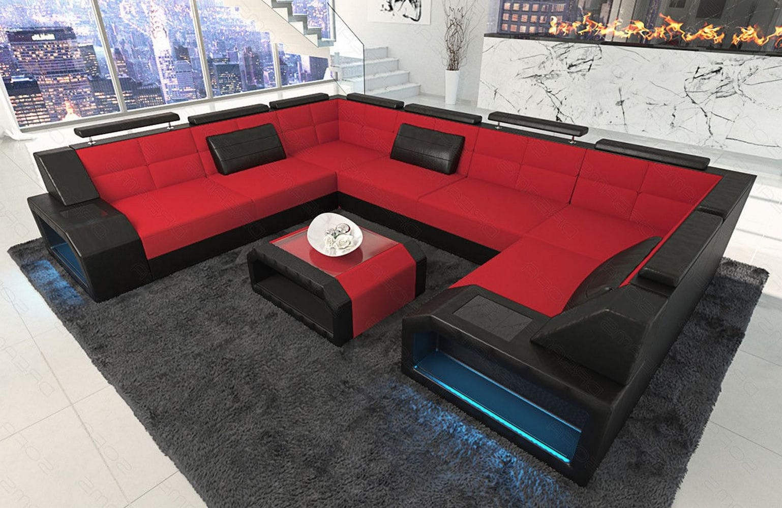 Wohnlandschaft Pesaro U-Form aus Stoff Rot-Schwarz